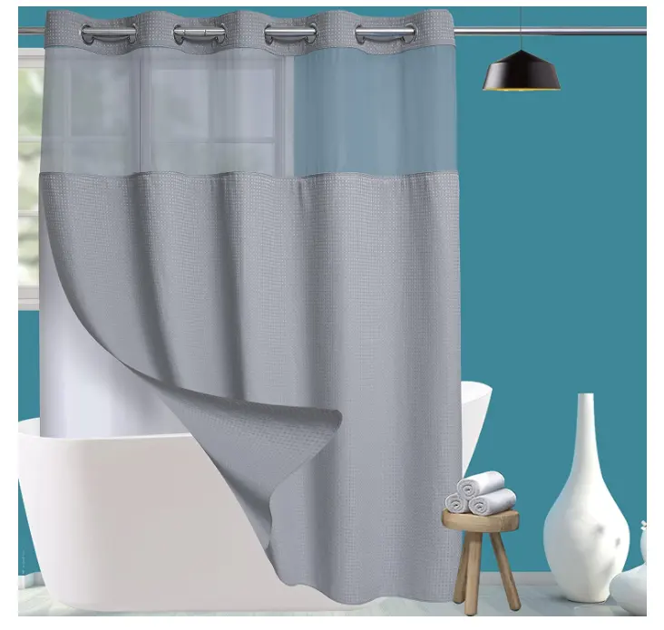 Waterproof Machine Washable Hotel Style No Hooks Needed Shower Curtain with Snap in Liner bathroom Waffle shower curtain