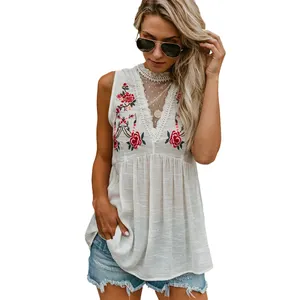 Wholesale tank embroidered-Fashionable Dressy White Embroidered Crochet Women Cotton Babydoll Tank Top