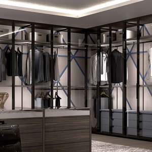 YALIG Armoire intégrée en L de luxe moderne sur mesure avec portes en verre pliables et extensibles, éclairage LED pour villa - Product Image 3