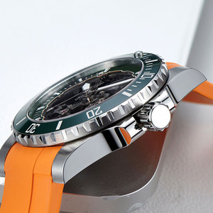 Custom Skeleton Diving <b>Watch</b> Men Automatic Mechanical 42mm Stainless Steel Case Orange <b>Rubber</b> Green Bezel Luminous waterproof - Product Image 3