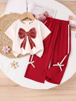 Nouvel ensemble décontracté et sportif d'été pour filles : haut à manches courtes ample et confortable avec imprimé nœud et pantalon large – Vêtements pour enfants