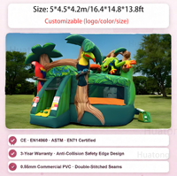 Château gonflable commercial pour enfants, thème animaux de la jungle, avec toboggan et structure de saut en forme de perroquet
