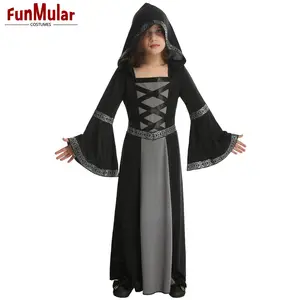 Funmular kostum penyihir ajaib anak-anak klasik untuk anak perempuan gaun hitam untuk pakaian kostum Halloween