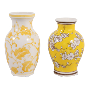 Vaso in Ceramica con Design Floreale Chinoiserie, Giallo e Bianco, Pezzo Decorativo per Soggiorno - Product Image 4