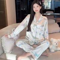 Pakaian Tidur Wanita Motif Garis Pink Bahan Satin Lengan Panjang Set Baju Rumah Ukuran Asia M L XL 2XL