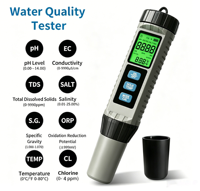 Stylo de test numérique 8-en-1 pour la qualité de l'eau : TDS/EC/PH/ORP, thermomètre et analyseur de chlore résiduel