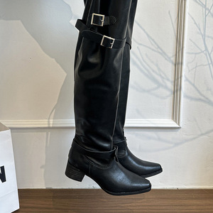 Bottes hautes pour femmes avec boucle, talon épais, bout pointu, en faux daim, pour l'hiver et les soirées - Product Image 2