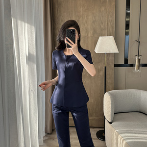 Women's Professional Suit <b>Set</b> Short Sleeve Collarless Breathable Worsted Summer <b>Office</b> Lady Style - Product Image 4