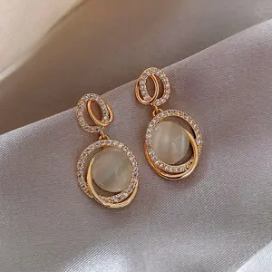 S925 anting-anting modis bunga geometri, anting-anting perhiasan mode berlian imitasi opal sederhana indah desain baru Korea perak murni