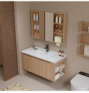 Modern Solid Wood-Grain Melamine Board Bathroom Vanity Unit LED Touch Illuminate Mirror Transparent Glass <b>Display</b> <b>Cabinet</b> - Product Image 6