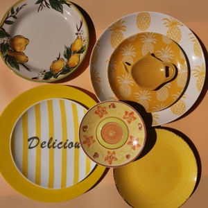 Plato de Cerámica Amarillo Limón, Decoración de Pared, Estilo Americano Retro, Patrón de Plantas, Esmaltado, Plato <span class=keywords><strong>para</strong></span> Mesa de Comedor - Product Image 2
