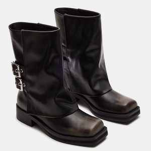 Botas de motorista de gamuza de moda de alta calidad con plataforma de pantorrilla ancha y punta cuadrada y tacón grueso con hebillas para mujer - Product Image 3