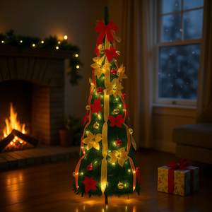 Sapin de Noël artificiel vert pliable de 70,9 pouces avec 150 lumières LED blanc chaud et base de support pour décoration intérieure - Product Image 2