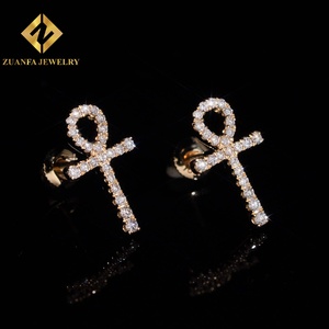Vintage Style Cross Ankh 10K Soild Gold Pave Lab Grown Diamond Earrings Classic Screw Back Earrings Women <b>Jewelry</b> - Product Image 3