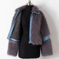 Soft Lapel Fox Fur Coat with Long Sleeves, Denim Patchwork