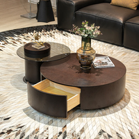 Table basse moderne à deux niveaux, en bois foncé avec table d'appoint en verre et tiroir de rangement