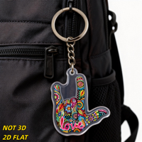 Porte-clés en acrylique coloré avec signe de main d'amour, geste ASL « Je t'aime » avec motif floral, accessoire unisexe léger