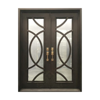 Porte d'entrée principale extérieure de style français en fer forgé avec verre, double battant, avec moustiquaire en fibre de verre pour villa