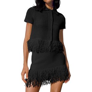 Fisoew Womens 2 Piece Crochet <b>Knit</b> <b>Set</b> Short Sleeve Button Top Fringe Skirt Casual Vacation Outfit Spring Summer - Product Image 1