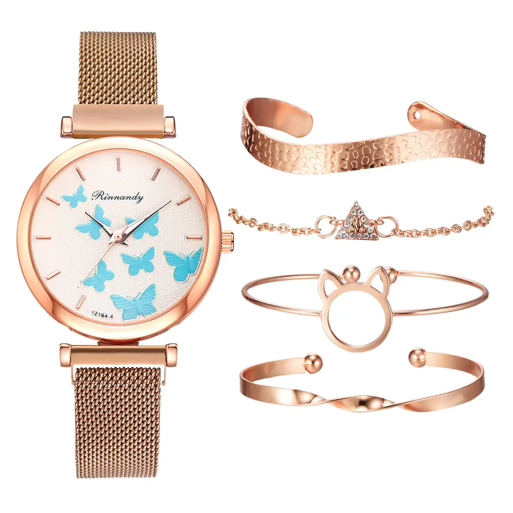 Luxury Woman's Watch Set Butterfly Pattern Rose Gold Bracelet Ladies Wristwatches Magnetic Belt Mesh Dress Gifts CD004