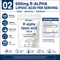 Cápsulas Blandas de Ácido R-Alfa Lipoico 600mg 120 Unidades Base de Aceite de Coco Altamente Biodisponible Sin GMO Probado en Laboratorio OEM ODM Marca Privada