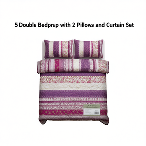 Cubrecama Doble con 2 Almohadas y Juego de Cortinas, Tamaño Matrimonial, Diseño a Rayas, Microfibra, Estilo Clásico, para Uso Doméstico - Product Image 1