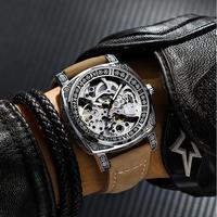 BINBOND H1277 jam tangan mekanis pria, jam tangan tengkorak baja tahan karat tali kulit bercahaya otomatis 1277