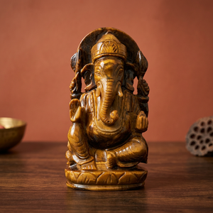 Statue de Ganesha en Œil de Tigre Gravée et Sculptée à la Main, Pierre Précieuse Chatoyante Dorée, Dieu Éléphant Assis, Décoration Bouddhiste pour la Maison et le Temple, Cadeau - Product Image 1