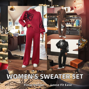 Ensemble deux pièces pull ample à manches lanternes et pantalon décontracté à jambes larges pour femme, motif floral, collection hiver, vente en gros, personnalisation OEM - Product Image 2