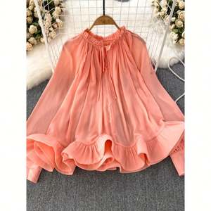 Camicette Primavera Autunno 2026 Stile Coreano da Socialite, con Maniche a Lanterna Lunghe, <span class=keywords><strong>Collo</strong></span> Tondo, Balze Morbide, in Chiffon, Top Casual da Donna - Product Image 3