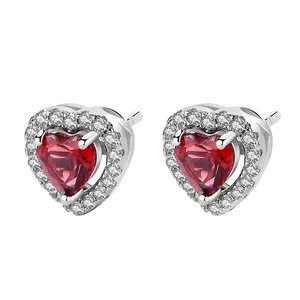 Lujo Cubic Zirconia Mirco-inset 925 Sterling Silver Red Heart Garnet Gemstone Stud Pendiente para mujer