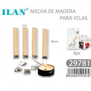 Mèche de bougie en bois ILAN 60 mm x 6 mm avec base en métal pour la fabrication de bougies DIY - Product Image 1