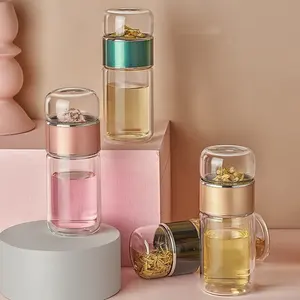 Mini çift duvarlı yalıtımlı borosilikat cam çay demlik şişesi ile çay filtresi