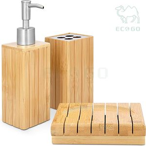 Juego de Accesorios de Baño de 3 Piezas de Bambú Impermeable, Moderno y de Lujo, con Soporte para Cepillo de Dientes y Dispensador de Líquido - Product Image 1