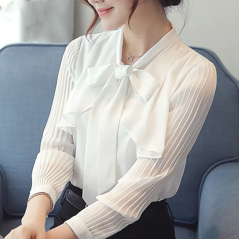 أحدث تصميم أزياء أنيقة الكورية Bowknot مكتب قميص من الشيفون بلون داخلي أبيض المرأة طويلة الأكمام البلوزات