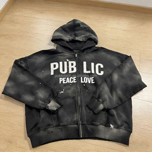 Sudadera con capucha para hombre OEM ODM personalizada, estilo vintage de moda primaveral, con efecto desgastado, lavado Monkey Wash, apliques, bordados, serigrafía y cremallera. - Product Image 1