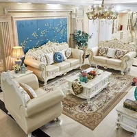 Europäischer Stil, französisch inspiriert, komfortables, handgefertigtes, langlebiges Sofa-Set aus massivem Eichenholz mit geschnitztem Echtleder in Off-White, 1+2+3-Sitzer