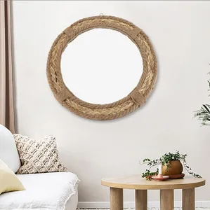 Espelho de madeira original para decoração de móveis, espelho redondo com moldura de vime, espelho de venda personalizado de fábrica
