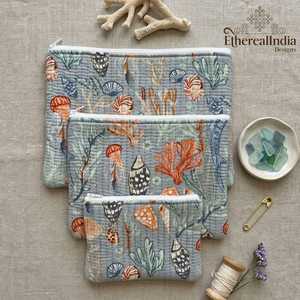 Set de Bolsas Acolchadas Sea Life con Estampado Oceánico, Bolsas de Maquillaje de Algodón, Organizador de Cosméticos de Viaje - Product Image 4