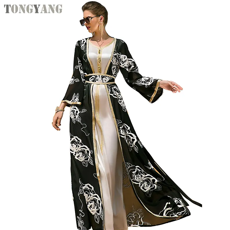 TONGYANG fiore ricamo due pezzi Abaya Set gilet abito lungo con cintura Kimono Eid musulmano Dubai marocchino caftano arabo donne