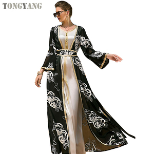 TONGYANG – ensemble Abaya brodé de fleurs, deux pièces, <span class=keywords><strong>gilet</strong></span> longue robe avec ceinture, <span class=keywords><strong>Kimono</strong></span> Eid musulman dubaï marocain Kaftan arabe femmes - Product Image 1