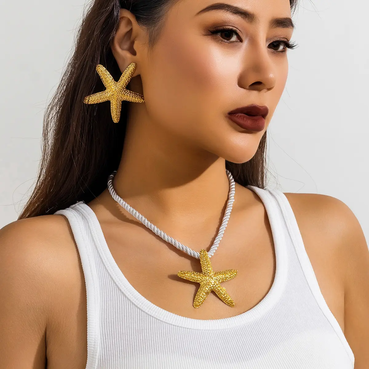New Fashion Vintage Exaggerate Starfish Pendant Necklace Earrings for Women Summer Holiday Party Beach Jewelry (KN5363)
