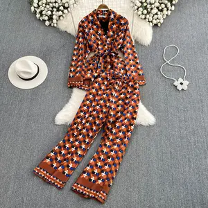 LY105 New Autumn Chic Geometric Print Long Sleeve Shirt Blouse And Pants Set Women 2 Pieces Sets Clothing 9