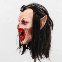 Masque de vampire réaliste en latex pour le visage entier avec bouche sanglante, crocs pointus et oreilles pointues, cheveux longs noirs, masques de fête d'Halloween