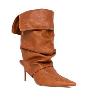 Women Pointed Toe Pleated Mid Calf Booties Back Cut Half Knee High Boots Wide Fit Top Turn Over Big Size 46 High Heels <b>Shoes</b> - Product Image 6