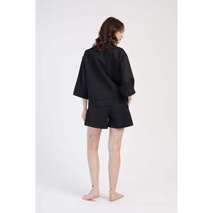 Women's Oxford Shirt and Pocketed Shorts Set with Full <b>Button</b> Collar and 7/8 Sleeve - Product Image 1