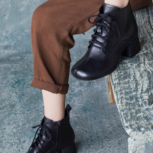 รองเท้าบูทหุ้มข้อหนังแท้สไตล์อังกฤษทรงสวยสำหรับฤดูใบไม้ร่วงและฤดูหนาว หัวเหลี่ยม ซิปด้านข้าง พื้นหนา ส้นบล็อก พร้อมเชือกผูก - Product Image 4