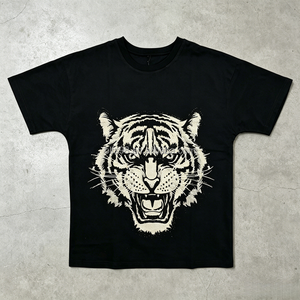 Men's Black Tiger Head Print Heavyweight T-Shirt Crew Neck Short Sleeve 100% Cotton <b>Knitted</b> Oversized Streetwear T-shirt - Product Image 1