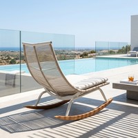 Fauteuil à bascule en teck tressé avec base en corde, haut de gamme, trois options de couleurs, coussin imperméable, résistant aux UV, durable, pour cour et parc