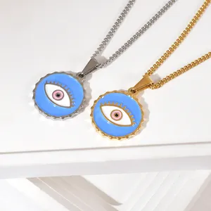 2024 Lucky Amulet Jewelry Stainless Steel Chain Bright Color Blue Enamel Demon Devil Eyes Round Charms Medal Pendant Necklace